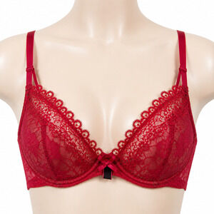 Red Lace Push Up Bra Victoria’s Secret Unlined Demi Sheer Mesh 34C Sexy